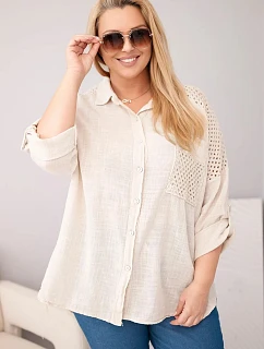 Dámská viskózová košile Plus Size s límečkem a krajkovým model 22043132 béžová - K-Fashion