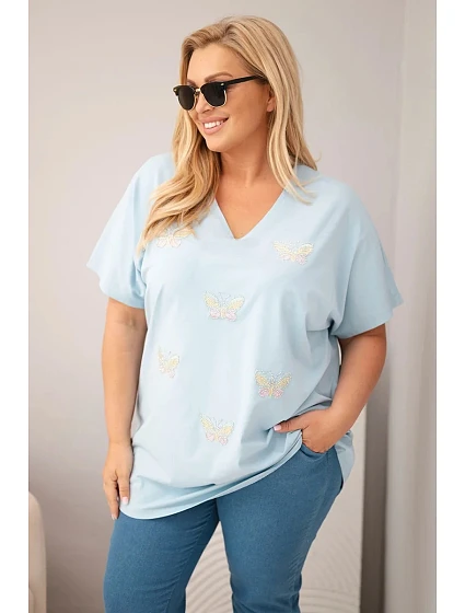 Dámská bavlněná halenka Plus Size s motýlky modrá