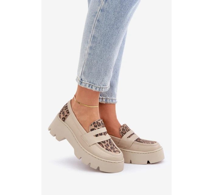 Dámské Kožené Mokasíny Na Platformě A Ploché Podpatky Leopardí Světle Béžové model 21683942 - Zazoo