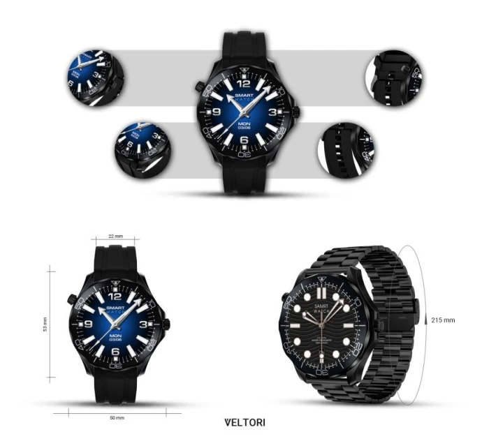 VELTORI VT150-1 Smartwatch Černý silikonový řemínek + černý náramek VELTORI VT150-1 Smartwatch Černý silikonový řemínek + černý náramek