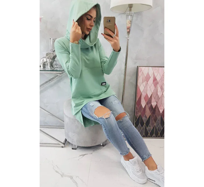 Mikina s kapucí s dlouhým zadním dílem tmavě mátová