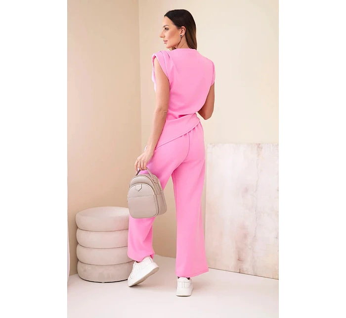 Komplet asymetrická halenka + kalhoty světle růžová