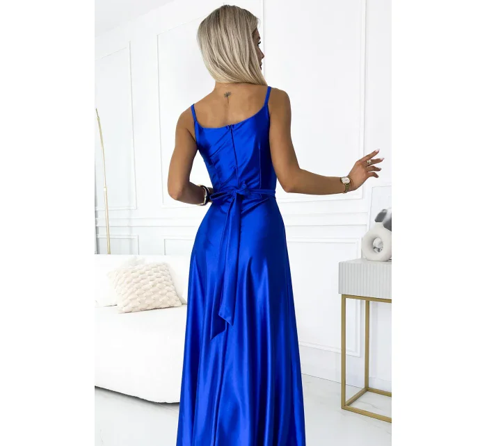 512-4 JULIET elegantní dlouhé saténové šaty s výstřihem a rozparkem na nohou - CHABRERA