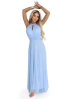 Elegantní maxi večerní šaty na ramínka s a zavazováním v pase modré model 22004204 - numoco basic
