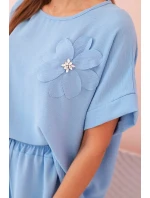 Dámský komplet z viskózy s ozdobným květem a širokými kalhotami - modrý