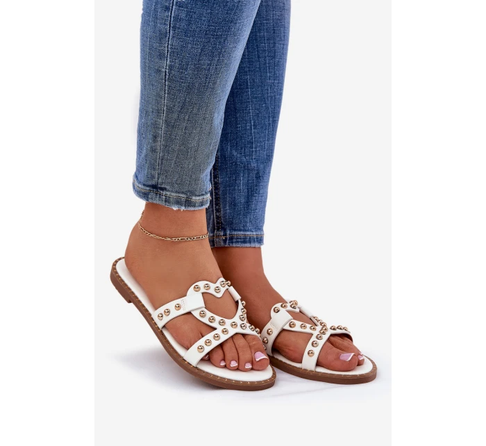 Zdobené Ploché Pantofle Dámské Bílé Adivrae Zdobené Ploché Pantofle Dámské Bílé Adivrae