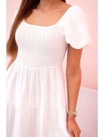 Dámské viskózové šaty s nabíranými rukávy a volánkovým topem ecru