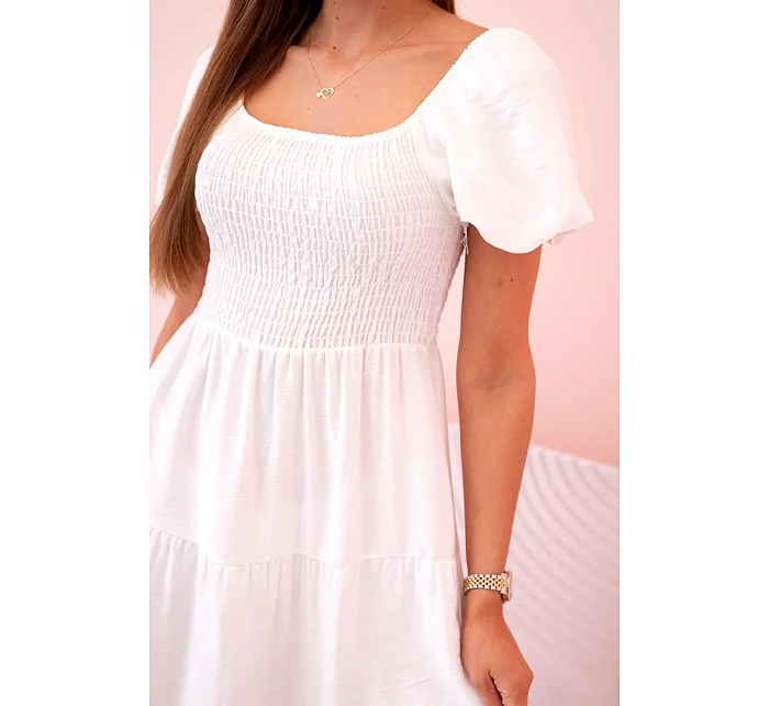 Dámské viskózové šaty s nabíranými rukávy a volánkovým topem ecru