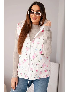 Dámská prošívaná vesta s květinami a kapucí růžová