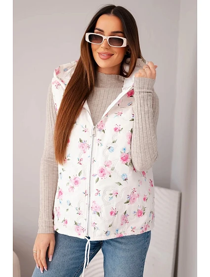 Dámská prošívaná vesta s květinami a kapucí růžová