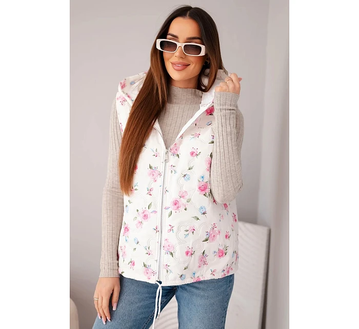 Dámská prošívaná vesta s květinami a kapucí růžová