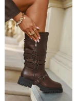 Zateplené dámské kozačky s pásky a přezkami hnědé model 21710891 - Boto