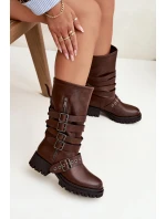 Zateplené dámské kozačky s pásky a přezkami hnědé model 21710891 - Boto