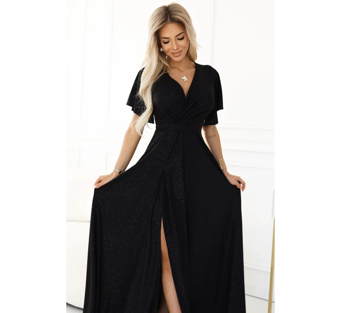 Černé dlouhé lesklé dámské šaty s  a výstřihem model 20864411 - numoco