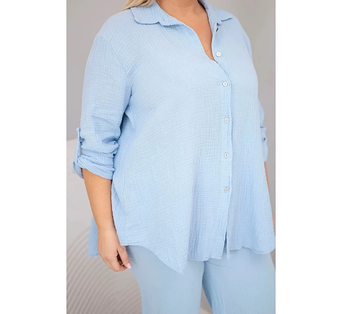 Dámský komplet Plus Size s košilí na knoflíky a s kalhotami se širokými nohavicemi modrý model 22069919 - K-Fashion Dámský komplet Plus Size s košilí na knoflíky a s kalhotami se širokými nohavicemi modrý model 22069919 - K-Fashion
