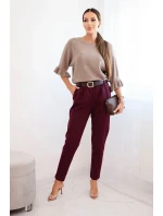 Dámské viskózové kalhoty s páskem a model 21407253 nohavicemi bordové - K-Fashion Dámské viskózové kalhoty s páskem a model 21407253 nohavicemi bordové - K-Fashion