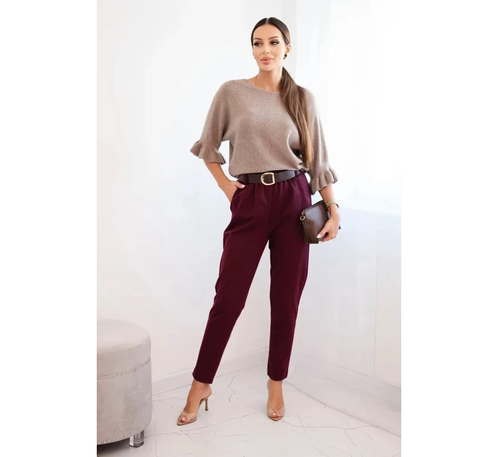 Dámské viskózové kalhoty s páskem a model 21407253 nohavicemi bordové - K-Fashion Dámské viskózové kalhoty s páskem a model 21407253 nohavicemi bordové - K-Fashion