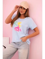 Dámská bavlněná halenka s krátkým rukávem a barevným potiskem modrá Dámská bavlněná halenka s krátkým rukávem a barevným potiskem modrá