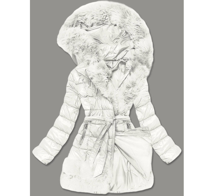 Prošívaná dámská zimní bunda v ecru barvě obšitá kožešinou (1209)