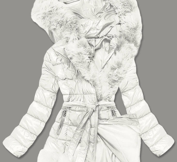 Prošívaná dámská zimní bunda v ecru barvě obšitá kožešinou (1209)
