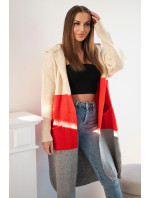 Pruhovaný svetr s kapucí béžová+červená+šedý