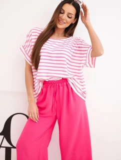 Dámský komplet z viskózy s model 21951955 blůzou a širokými kalhotami s gumou fuchsie - K-Fashion