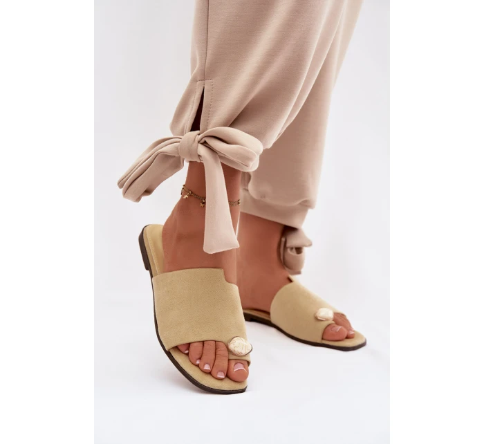 Dámské ploché pantofle s ozdobným detailem Eko semiš žluté Selavine