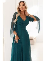655-2 Dlouhé lehké třpytivé šaty s výstřihem a průhlednými rukávy - smaragdově zelené 655-2 Dlouhé lehké třpytivé šaty s výstřihem a průhlednými rukávy - smaragdově zelené