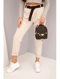 Dámské bavlněné kalhoty s páskem a  béžové model 21890022 - K-Fashion