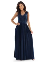 dlouhé elegantní maxi šaty s krajkovým a rozparkem na nohou tmavě modré model 21318836 - numoco