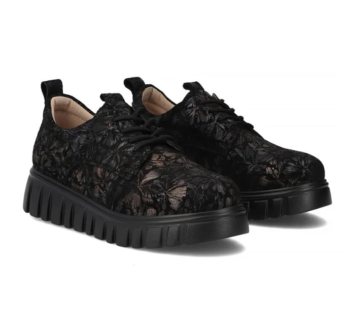 Kožené boty na platformě v květinové černé barvě DP6846 Filippo