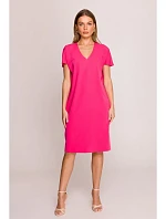 S392 Šaty uvolněného střihu s výstřihem do V - růžové