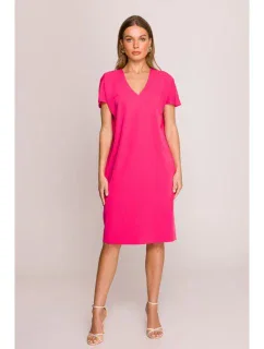 model 20966038 Šaty uvolněného střihu s výstřihem do V růžové - STYLOVE