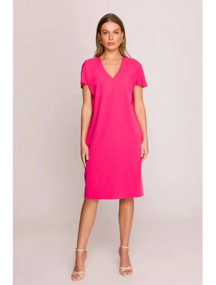 model 20966038 Šaty uvolněného střihu s výstřihem do V růžové - STYLOVE model 20966038 Šaty uvolněného střihu s výstřihem do V růžové - STYLOVE