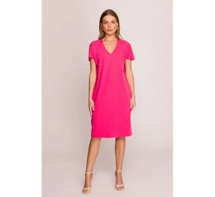 model 20966038 Šaty uvolněného střihu s výstřihem do V růžové - STYLOVE model 20966038 Šaty uvolněného střihu s výstřihem do V růžové - STYLOVE