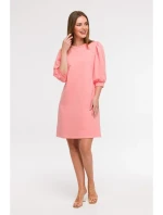 B291 Šaty áčkového střihu s pouzdrovými rukávy - korálová barva