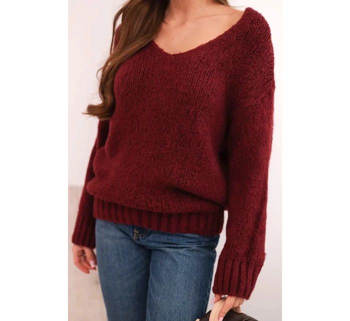 Dámský svetr z měkké pleteniny s výstřihem do V bordový