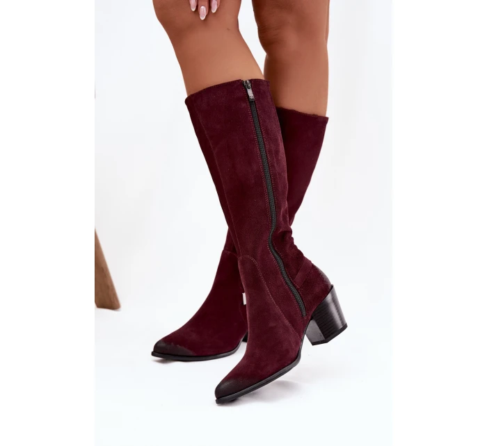 Dámské zateplené kozačky na podpatku se sponou Zazoo – bordó, semiš Dámské zateplené kozačky na podpatku se sponou Zazoo – bordó, semiš