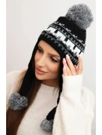 Dámská zimní čepice vlněná s ušima a bambulkami K436 černá + grafitová Dámská zimní čepice vlněná s ušima a bambulkami K436 černá + grafitová