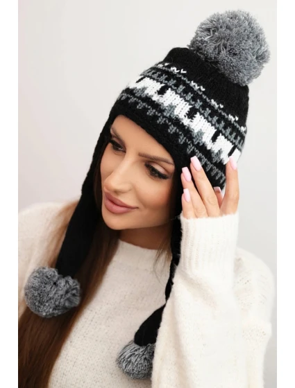Dámská zimní čepice vlněná s ušima a bambulkami K436 černá + grafitová Dámská zimní čepice vlněná s ušima a bambulkami K436 černá + grafitová