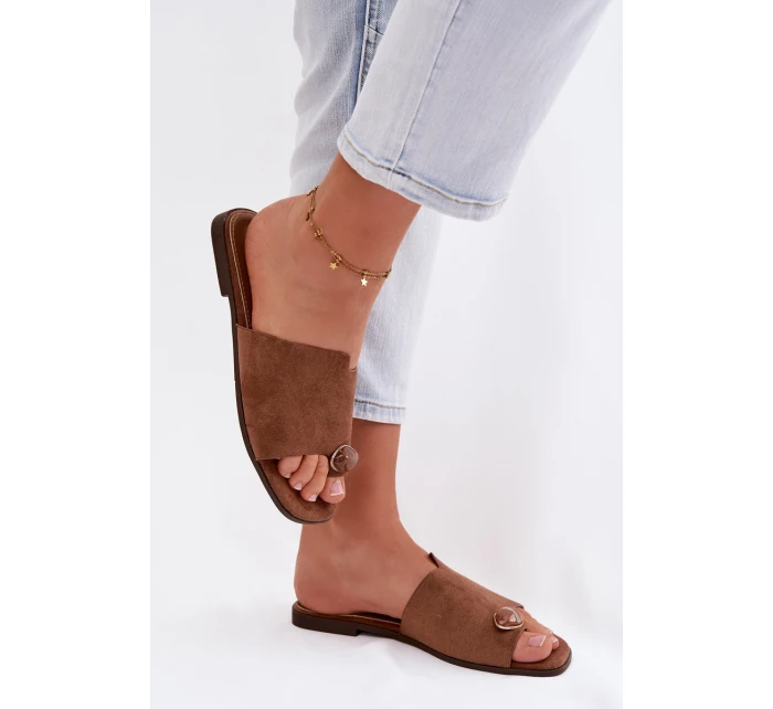 Dámské ploché nazouváky s ozdobným detailem Eko semiš hnědé Selavine Dámské ploché nazouváky s ozdobným detailem Eko semiš hnědé Selavine