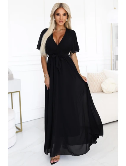 545-5 Dlouhé šaty se skládaným výstřihem a vázáním - ČERNÁ