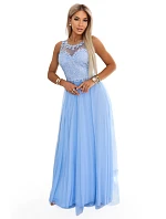 672-1 Romantické svatební maxi šaty s vyšívanou krajkou a tylem - modré 672-1 Romantické svatební maxi šaty s vyšívanou krajkou a tylem - modré