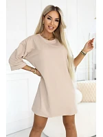 model 22155670 Bavlněné volné oversize šaty s krátkými rukávy béžové - numoco basic