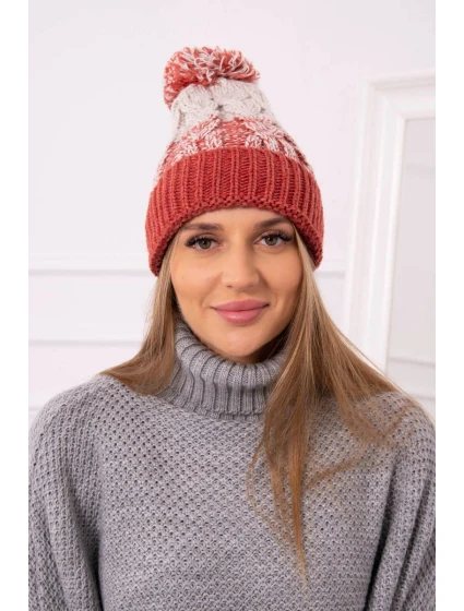 Dámská čepice s bambulí Abigail K326 červená+béžová Dámská čepice s bambulí Abigail K326 červená+béžová