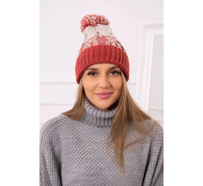 Dámská čepice s bambulí Abigail K326 červená+béžová Dámská čepice s bambulí Abigail K326 červená+béžová