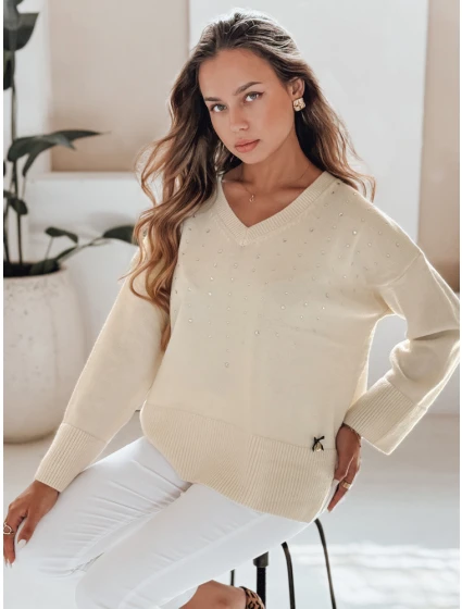 Dámský svetr s výstřihem do V VERALIA ecru FashionStreet MY2517 Dámský svetr s výstřihem do V VERALIA ecru FashionStreet MY2517