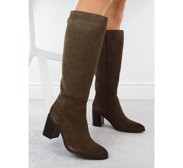 Dámské khaki kožené boty na jehlovém podpatku Sergio Leone 25668