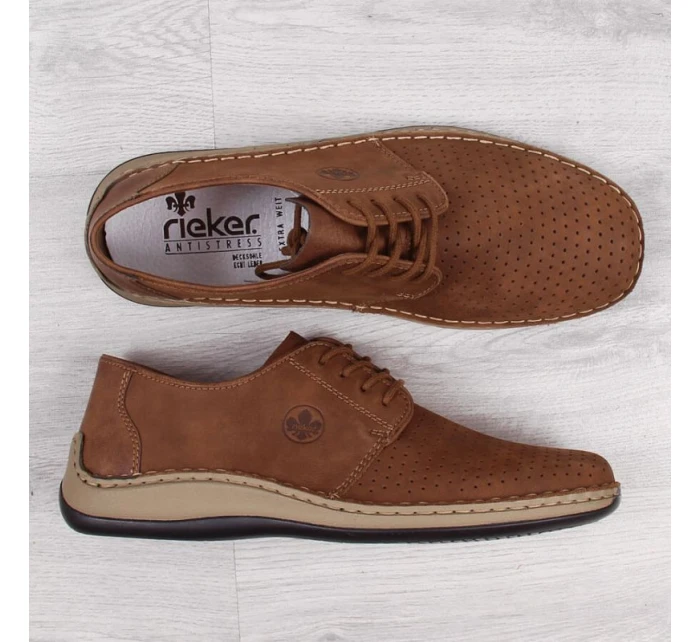 Kožené polobotky Rieker M RKR528 hnědé s ažurovým vzorem