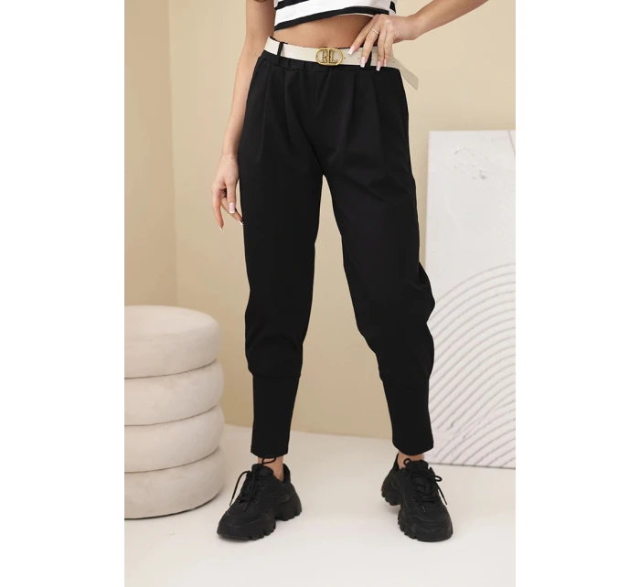 Dámské bavlněné kalhoty s vysokým pasem a opaskem černé